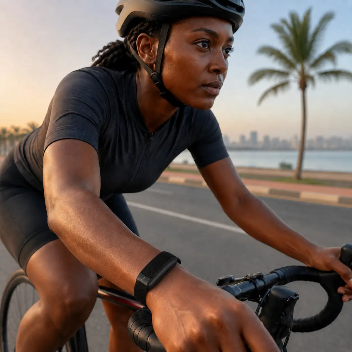 Mulher a pedalar usando a pulseira ZYP ONE